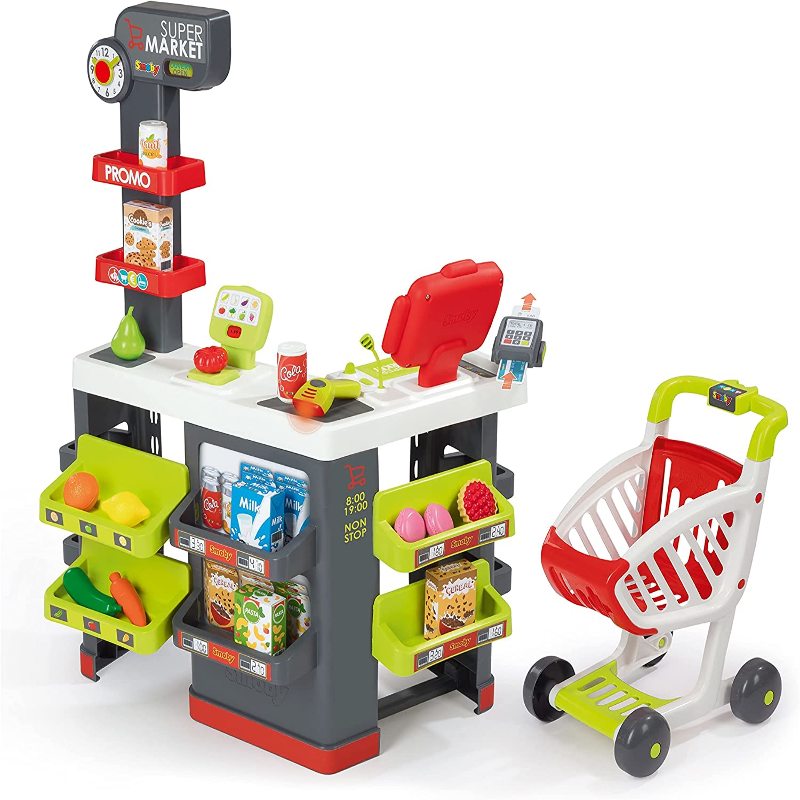 Smoby - Supermarket - Marchande pour Enfant - Chariot de Course Inclus -  Vraie Calculatrice - 42 Accessoires - 350213