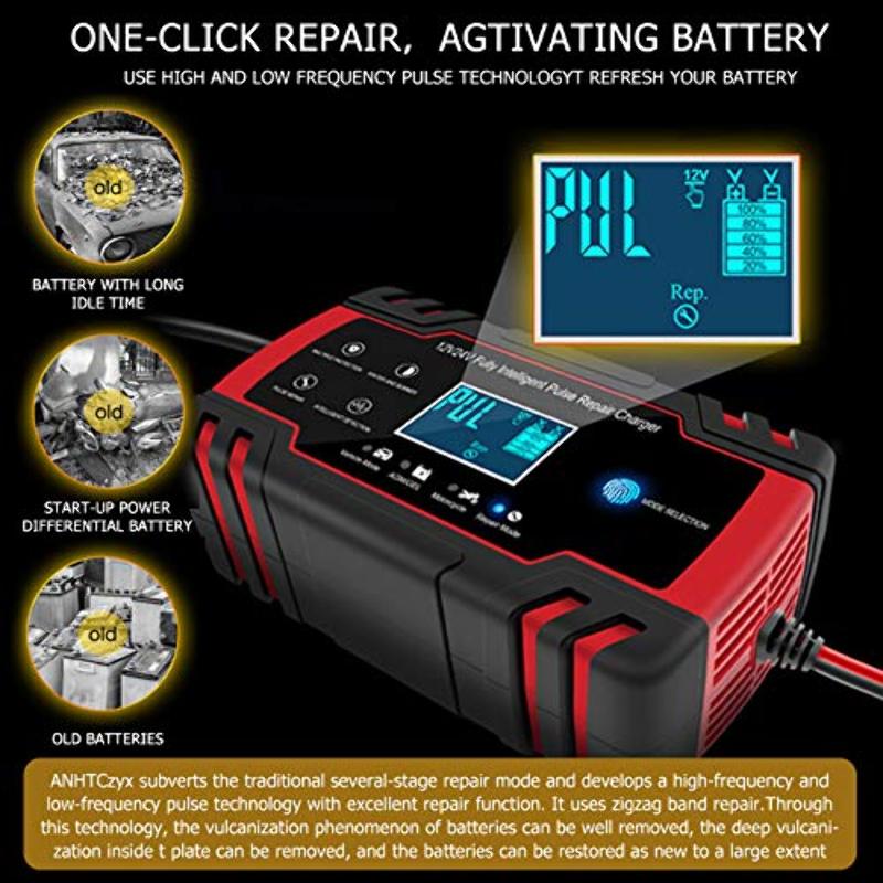 Mainteneur de batterie intelligent Chargeur de batterie intelligent 12V/12A  24V/6A Réparation d'impulsion de charge en 7