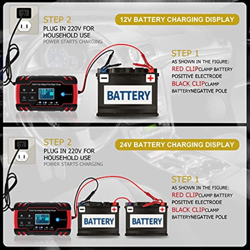 RHAFAYRE Chargeur de Batterie Intelligent 12V/24V 8A, 3 Étapes de Chargeur  Batterie Mainteneur et Automatique